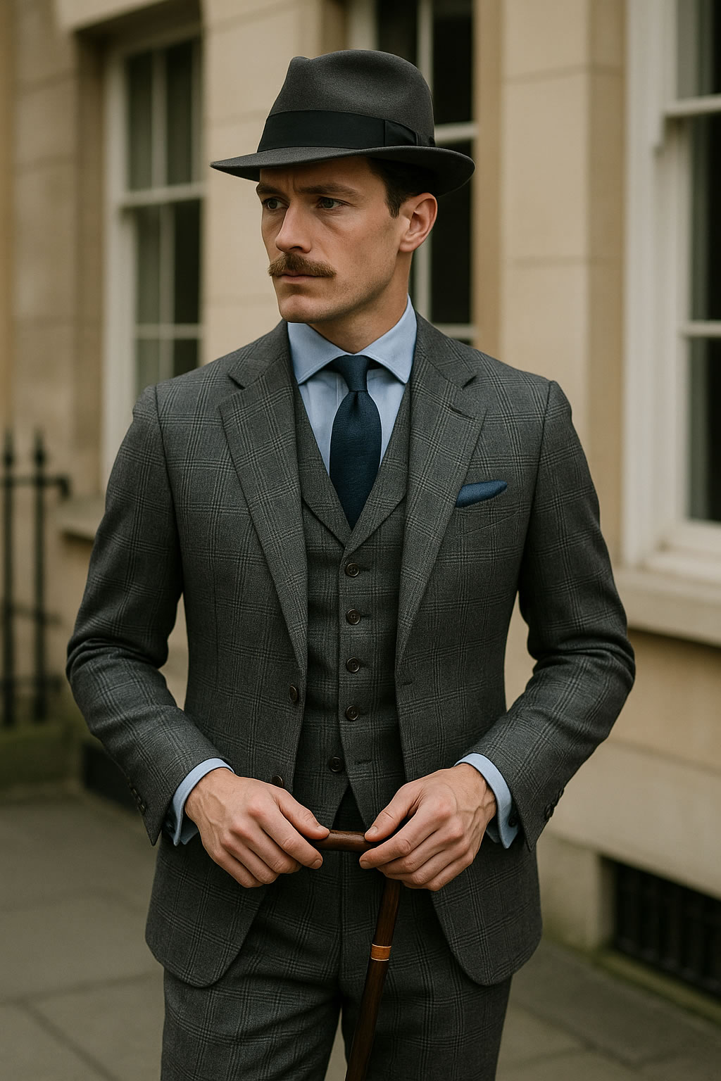 Homme portant un costume britannique trois pièces gris, chemise blanche et cravate sombre, marchant dans une rue de style londonien.