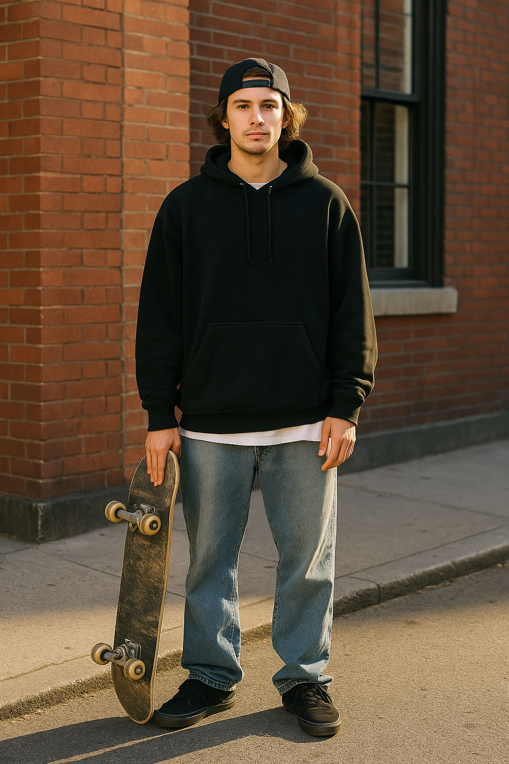 Jeune skateur posant avec sa planche dans un skatepark, portant un hoodie oversize et des vêtements streetwear.