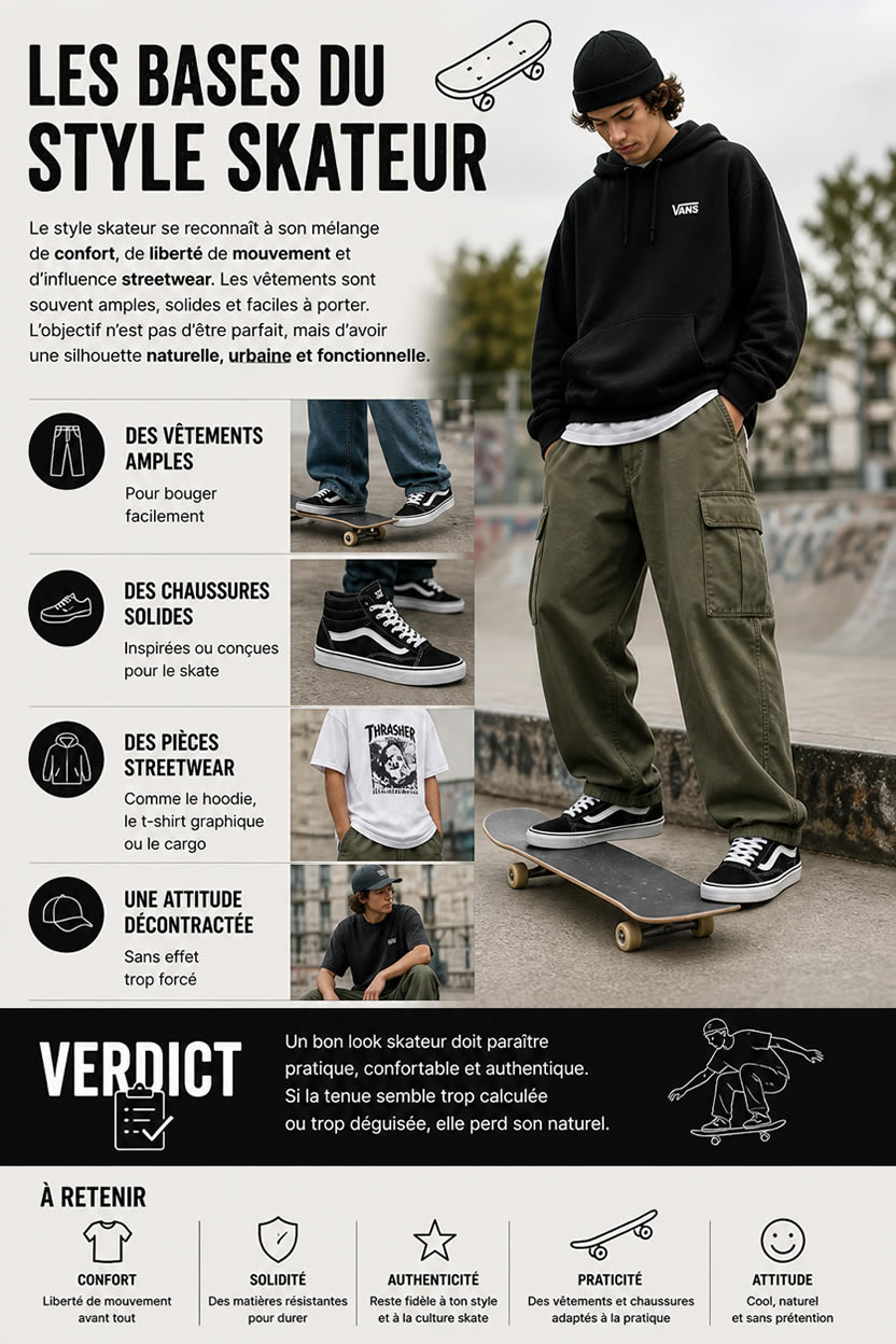 bases du style skateur homme vetements amples hoodie t shirt cargo chaussures skate look streetwear confortable