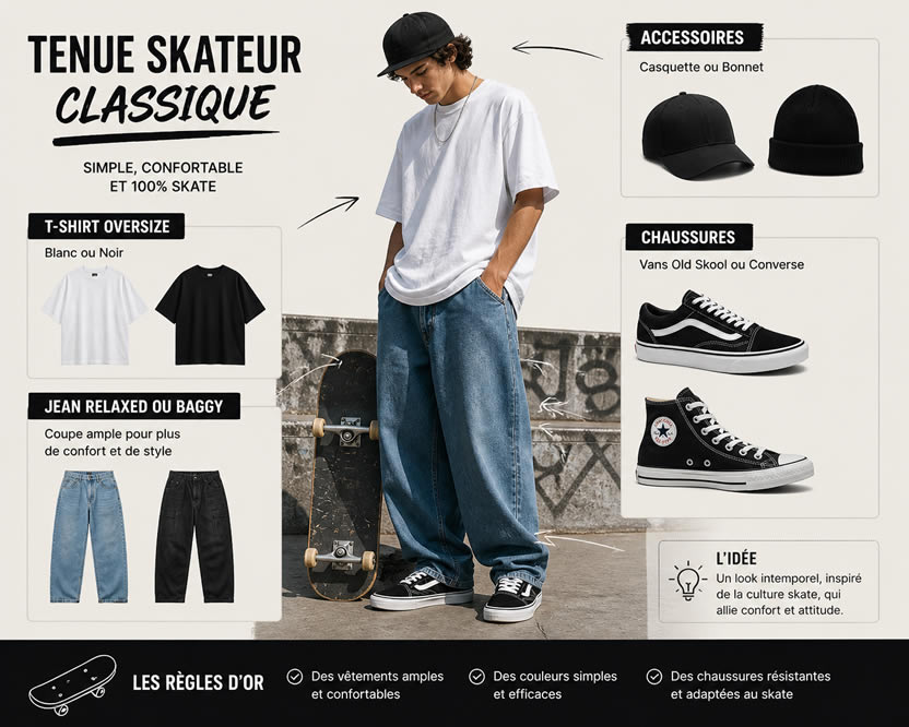 tenue skateur homme t shirt oversize jean baggy vans old skool converse casquette bonnet style skate