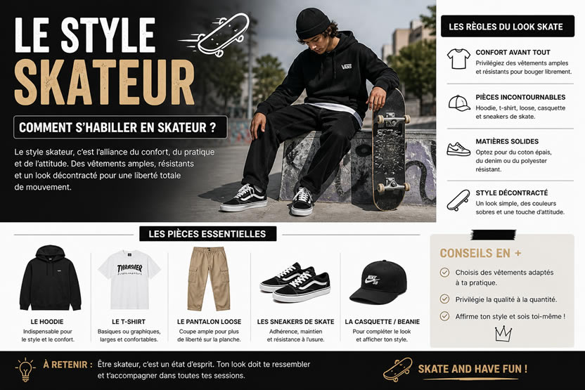 style skateur homme avec tenue skateboard baggy hoodie sneakers vans look streetwear skatepark