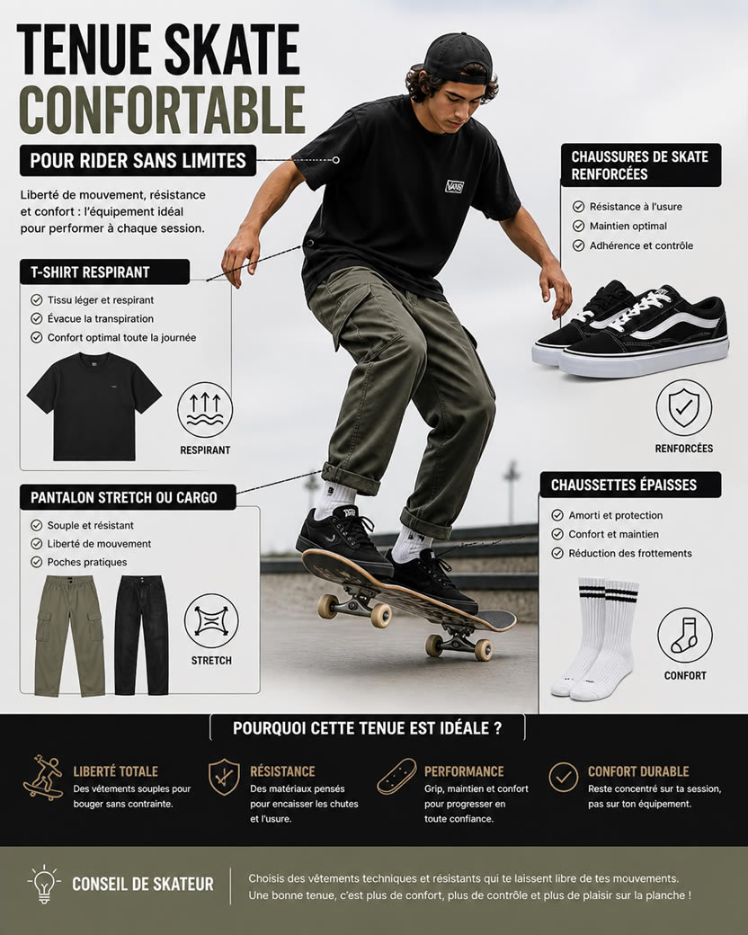 tenue skate confortable homme t shirt respirant pantalon stretch cargo chaussures skate renforcees chaussettes epaisses