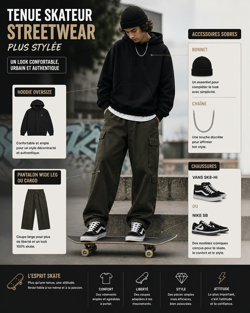 tenue skateur streetwear homme hoodie oversize pantalon wide leg cargo vans sk8 hi nike sb bonnet chaine look skate