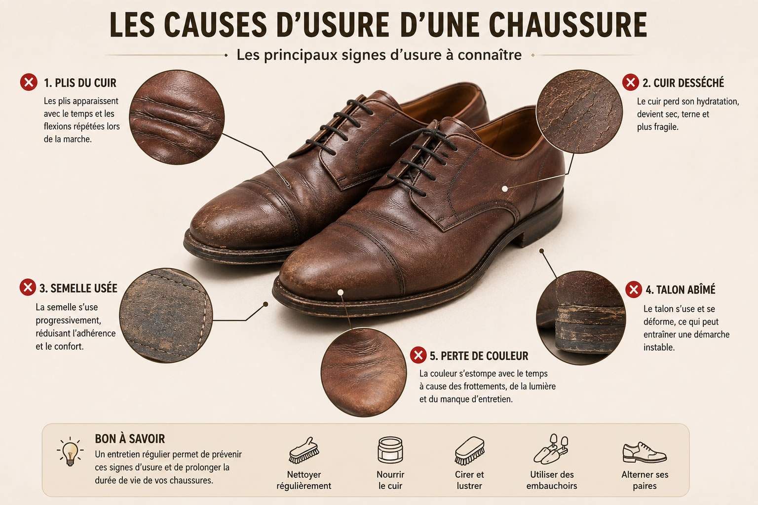 Principales causes d’usure des chaussures en cuir principales causes d’usure d’une chaussure : plis du cuir, cuir desséché, semelle usée, talon abîmé et perte de couleur