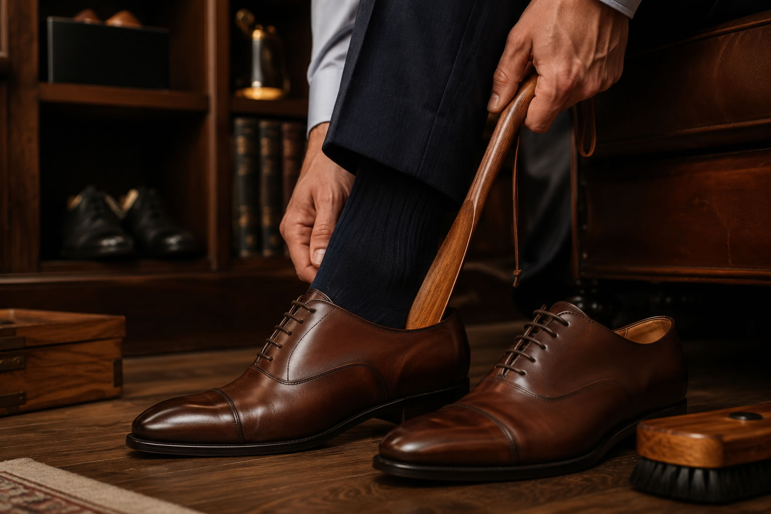 Chausse-pied en bois et chaussures en cuir homme dans un dressing élégant Homme utilisant un chausse-pied en bois pour enfiler des chaussures en cuir marron dans un dressing élégant avec accessoires d'entretien des chaussures