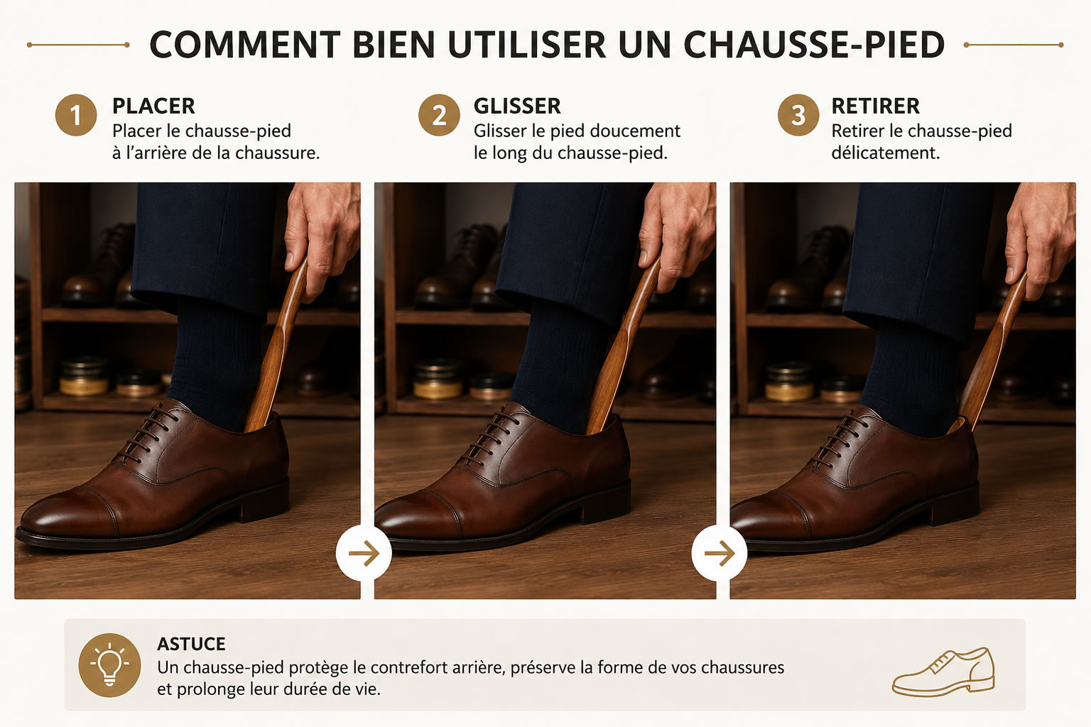 Comment utiliser un chausse-pied en 3 étapes pour protéger ses chaussures Comment utiliser un chausse-pied en bois : placer le chausse-pied, glisser le pied puis retirer l'accessoire sans abîmer la chaussure