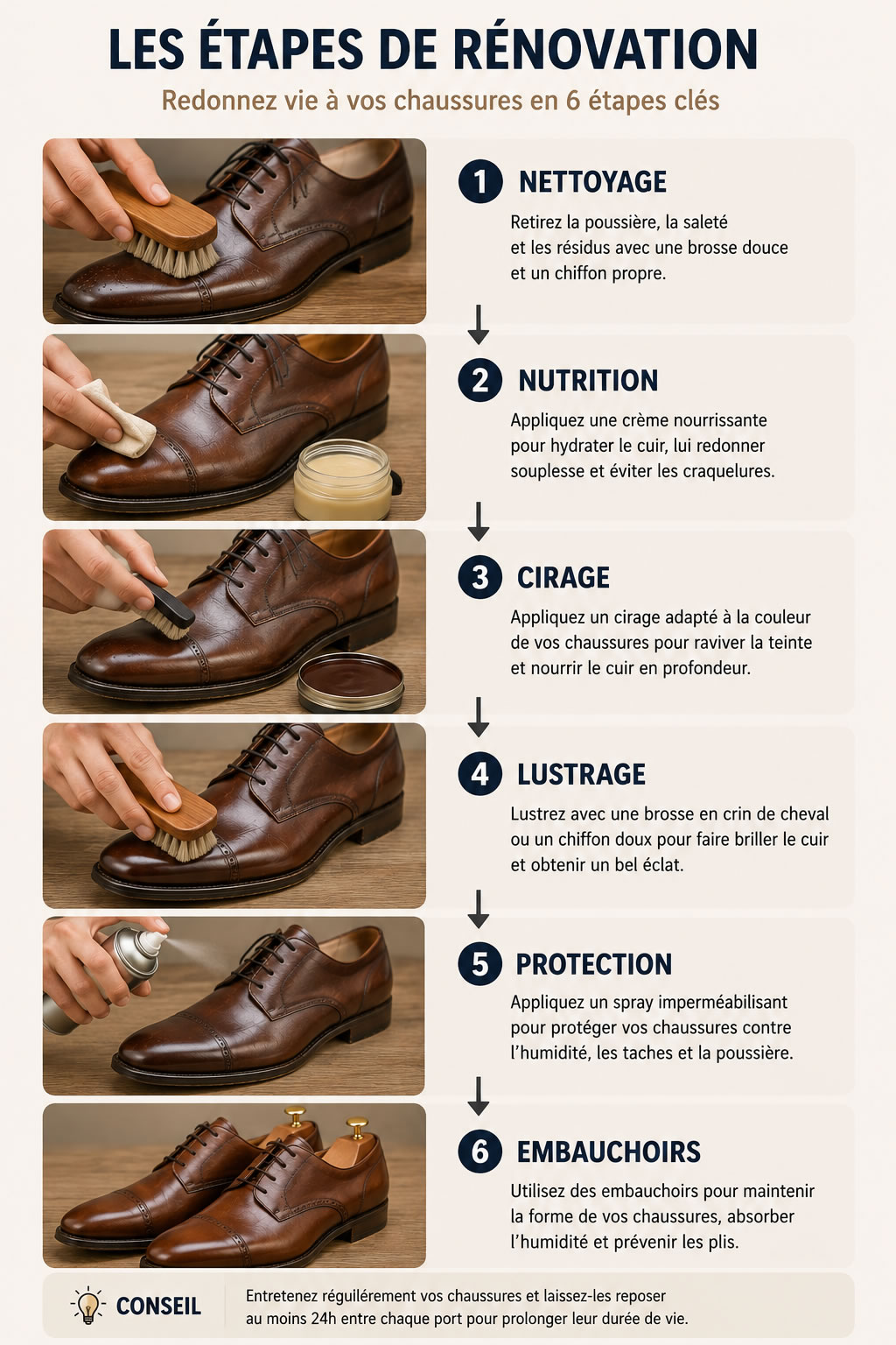 Étapes de rénovation des chaussures en cuir usées Les étapes de rénovation d'une chaussure en cuir : nettoyage, nutrition, cirage, lustrage, protection et utilisation d'embauchoirs