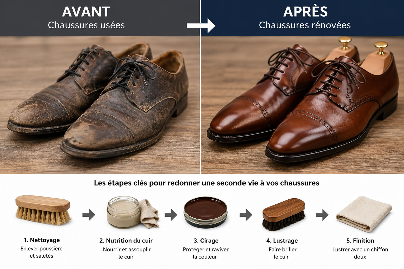 Rénovation de chaussures usées avant après entretien du cuir Chaussures en cuir usées avant rénovation puis restaurées après nettoyage, crème nourrissante, cirage et lustrage