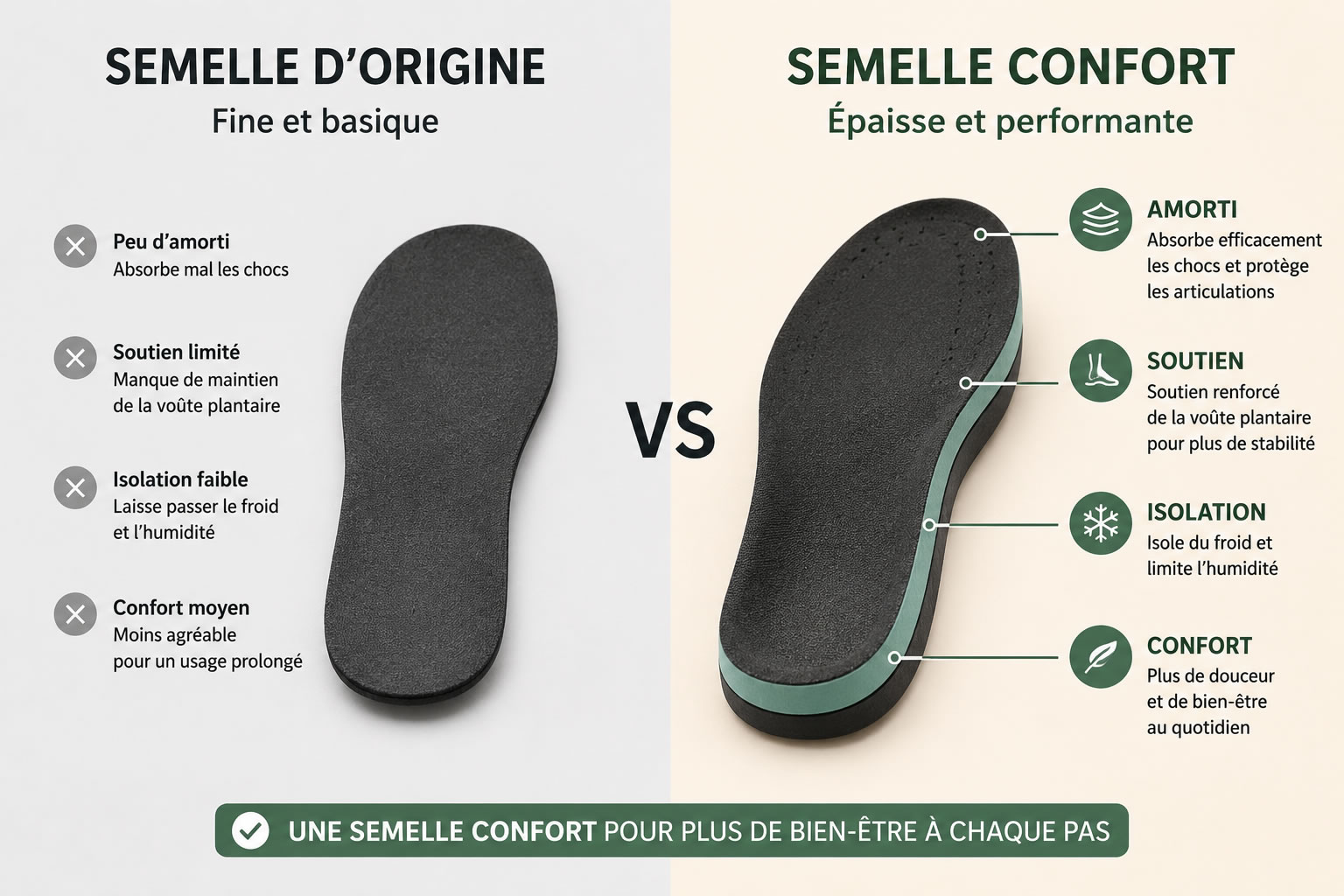 Comparatif semelle d'origine vs semelle confort : amorti, soutien et isolation Comparaison entre une semelle d'origine fine et une semelle confort épaisse montrant les différences d'amorti, de soutien de la voûte plantaire, d'isolation thermique et de confort général dans une chaussure.