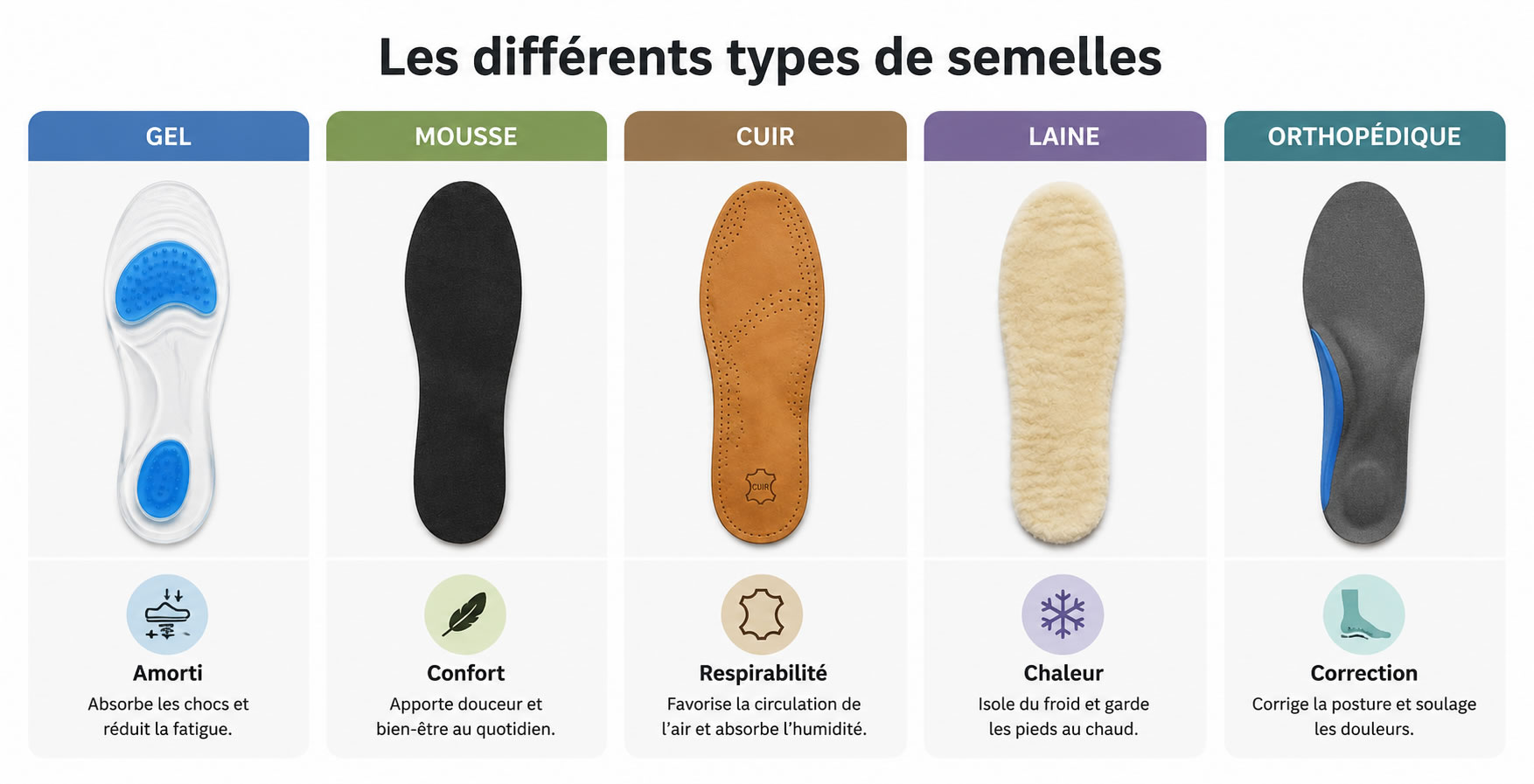 Comparatif des types de semelles : gel, mousse, cuir, laine et orthopédique Les différents types de semelles pour chaussures : gel pour l’amorti, mousse pour le confort, cuir pour la respirabilité, laine pour la chaleur et semelle orthopédique pour la correction du pied