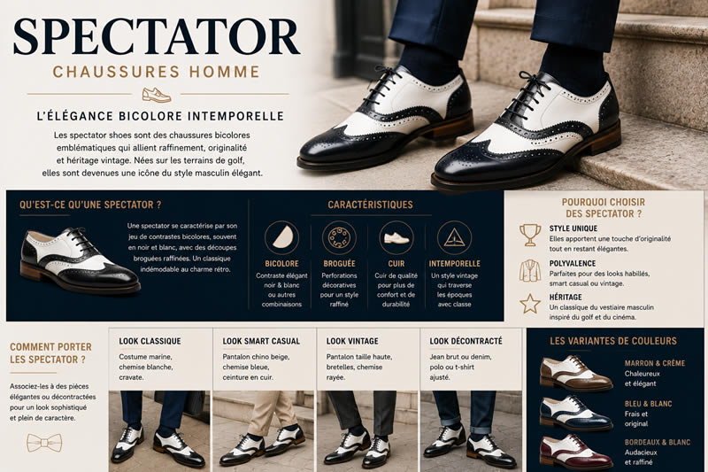 spectator chaussures homme bicolores noir blanc style vintage elegant richelieu brogue