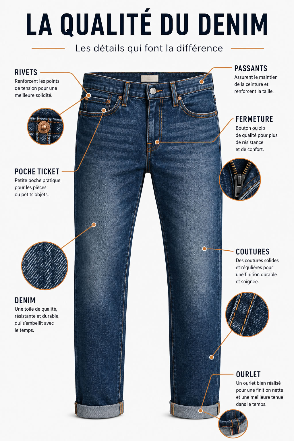 Infographie montrant l'anatomie d'un jean avec des flèches identifiant les rivets, les coutures, le denim, les passants de ceinture, la fermeture, la poche ticket et l'ourlet.