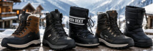 Homme portant des après-ski dans une station de ski enneigée en hiver avec montagnes enneigées et chaussures adaptées au froid.