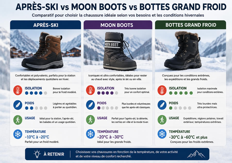 Après-ski vs Moon Boots vs bottes grand froid : quelles chaussures choisir en hiver ? Comparatif entre après-ski homme, Moon Boots et bottes grand froid montrant le niveau d’isolation, le poids, l’usage recommandé et la température idéale pour chaque type de chaussure hivernale.
