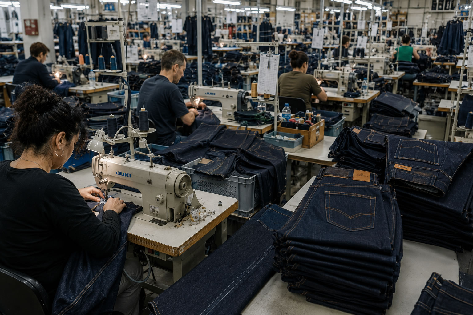 Atelier de confection où plusieurs couturiers assemblent des jeans en denim sur des machines à coudre industrielles avant les finitions.