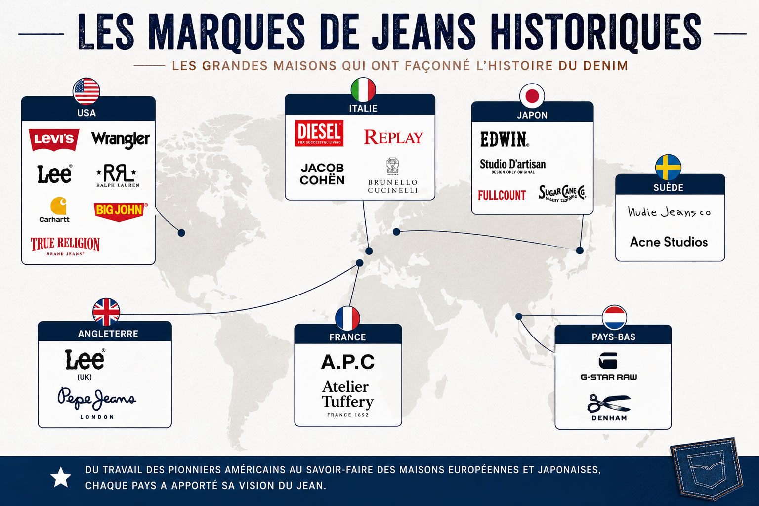 Infographie cartographique présentant les grandes marques de jeans historiques selon leur pays d’origine : États-Unis, Italie, Japon, Suède, France, Angleterre et Pays-Bas.