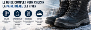 Chaussures grand froid homme isolées et imperméables dans un paysage enneigé de montagne pour affronter les températures extrêmes, la neige et le froid intense.