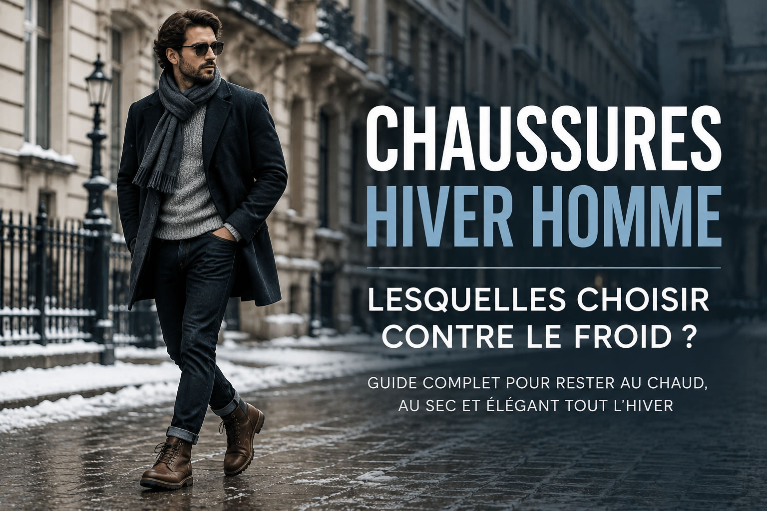 Homme portant des boots en cuir et un manteau dans une rue enneigée en hiver