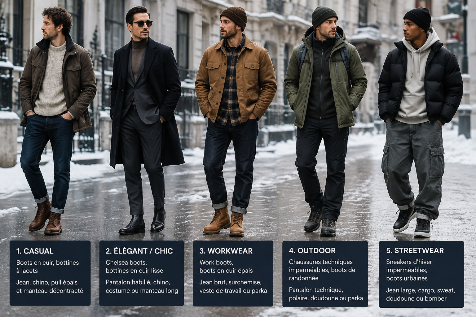 Cinq hommes en hiver portant des chaussures adaptées aux styles casual, élégant, workwear, outdoor et streetwear