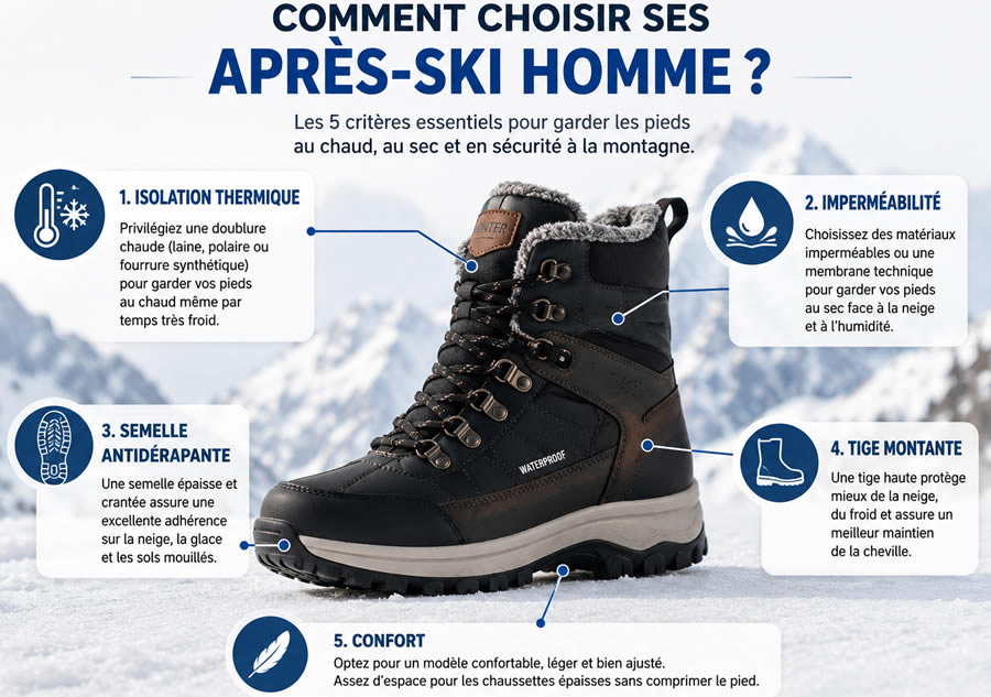 Comment choisir des après-ski homme : les 5 critères essentiels comment choisir des après-ski homme avec les critères essentiels : isolation thermique, imperméabilité, semelle antidérapante, tige montante et confort.