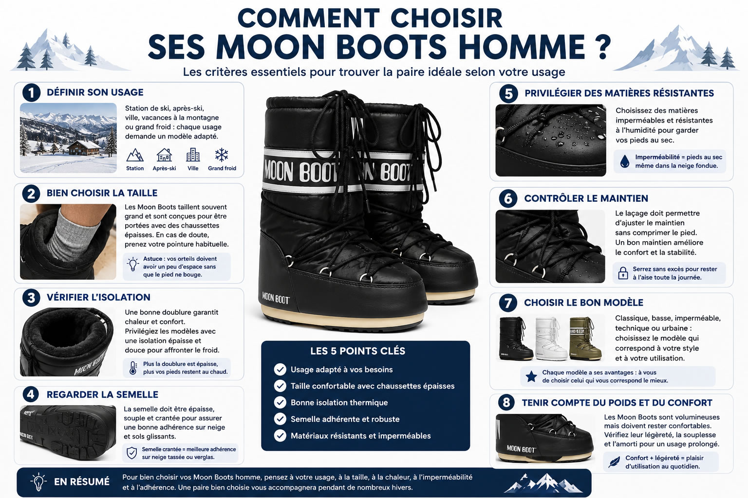 Comment choisir ses Moon Boots homme : guide d’achat et critères essentiels Infographie expliquant comment choisir des Moon Boots homme selon l’isolation thermique, l’imperméabilité, l’adhérence de la semelle, le confort, la pointure et l’usage prévu en hiver ou à la montagne.