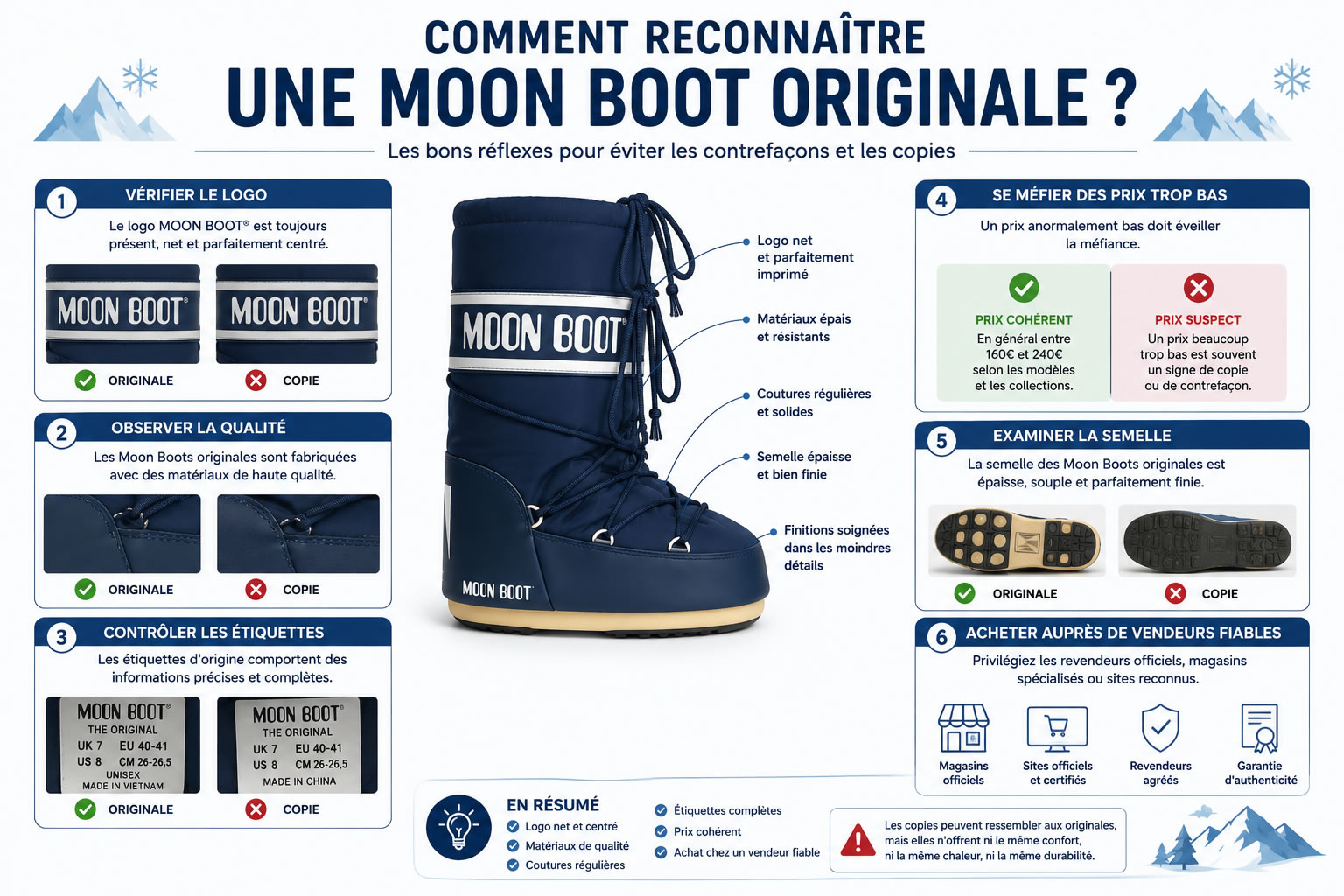 Comment reconnaître une Moon Boot originale ? Guide visuel anti-contrefaçon Infographie expliquant comment reconnaître une Moon Boot originale grâce au logo officiel, à la qualité des matériaux, aux coutures, aux étiquettes d’authenticité et aux principaux signes permettant d’éviter les contrefaçons.