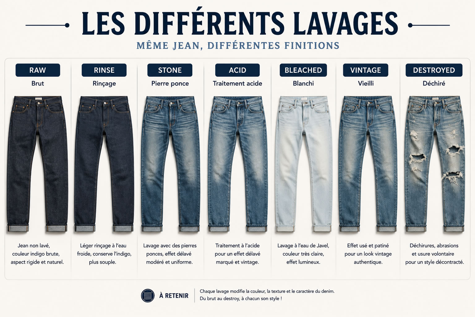 Comparatif illustré des principaux lavages de jeans : Raw, Rinse, Stone Wash, Acid Wash, Bleached, Vintage et Destroyed, montrant l'évolution d'un même jean.