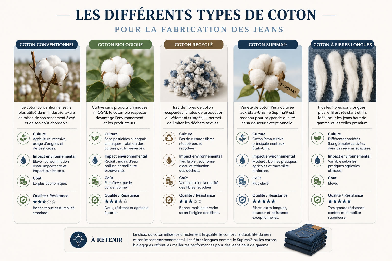 Infographie comparant les différents types de coton utilisés pour fabriquer un jean : coton conventionnel, coton biologique, coton recyclé, coton Supima® et coton à fibres longues.