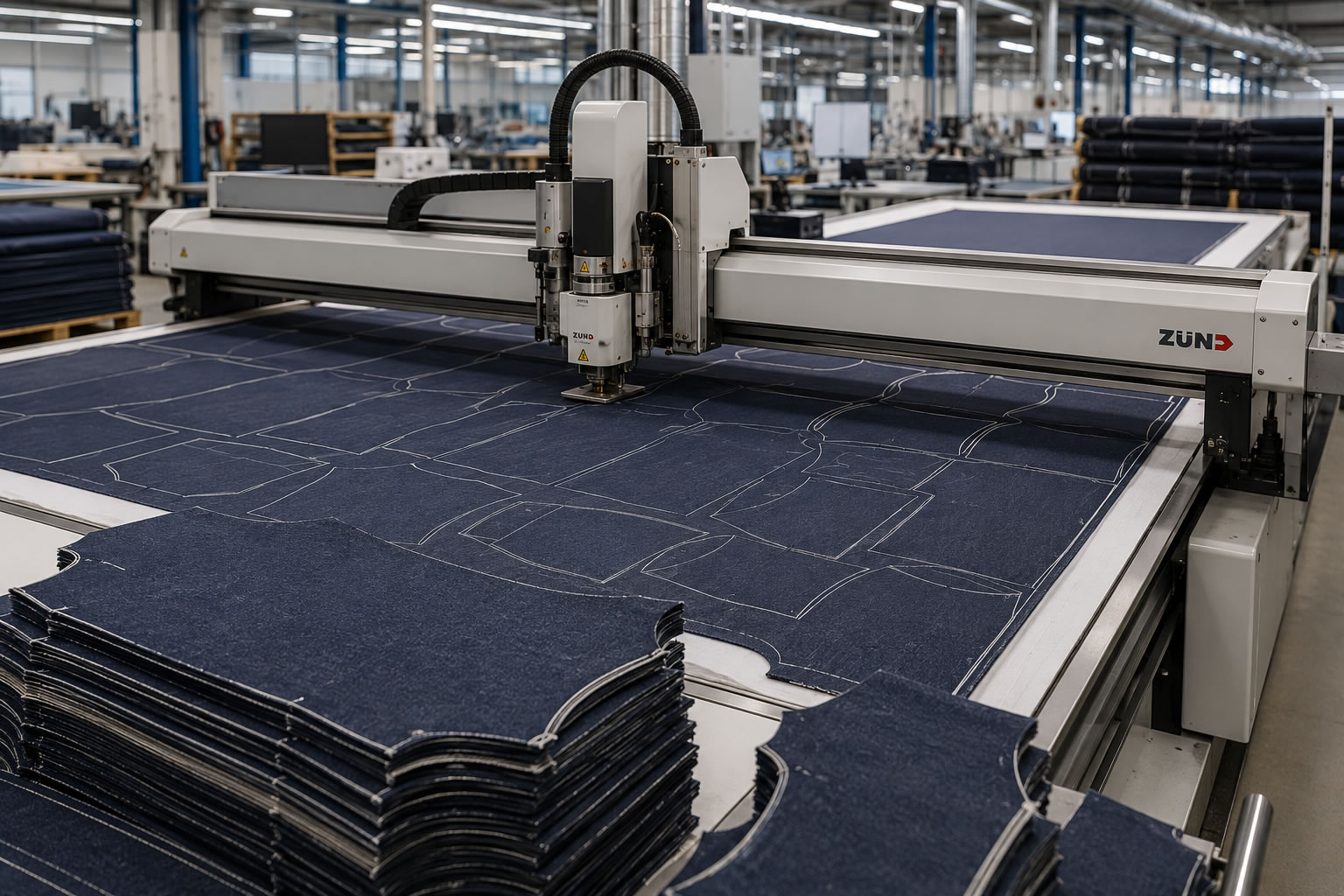 Machine de découpe numérique découpant plusieurs couches de tissu denim pour fabriquer les différentes pièces d'un jean dans un atelier de confection.