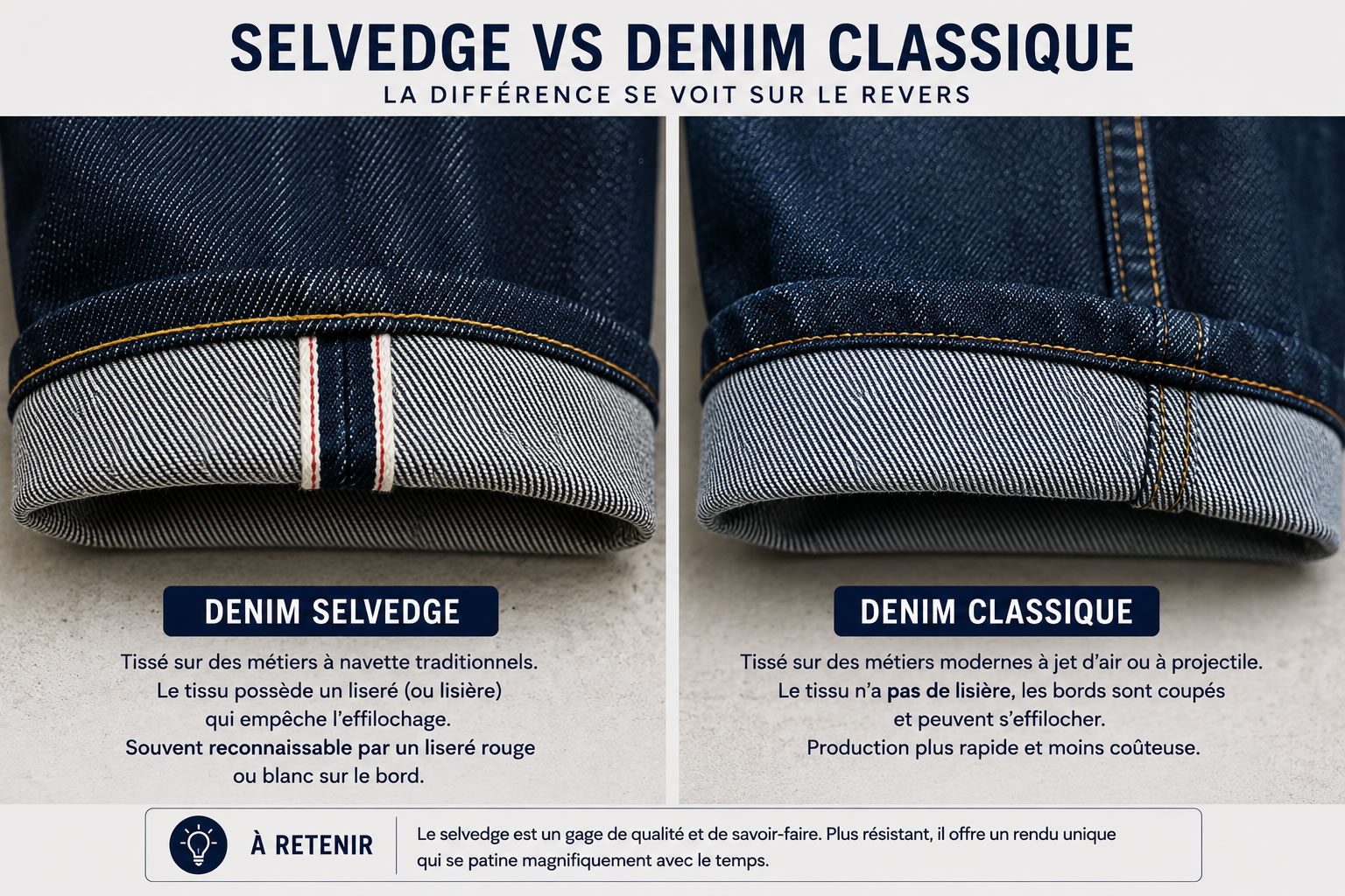 Comparatif en photo entre un revers de jean en denim selvedge avec son liseré rouge caractéristique et un revers de jean en denim classique sans lisière.