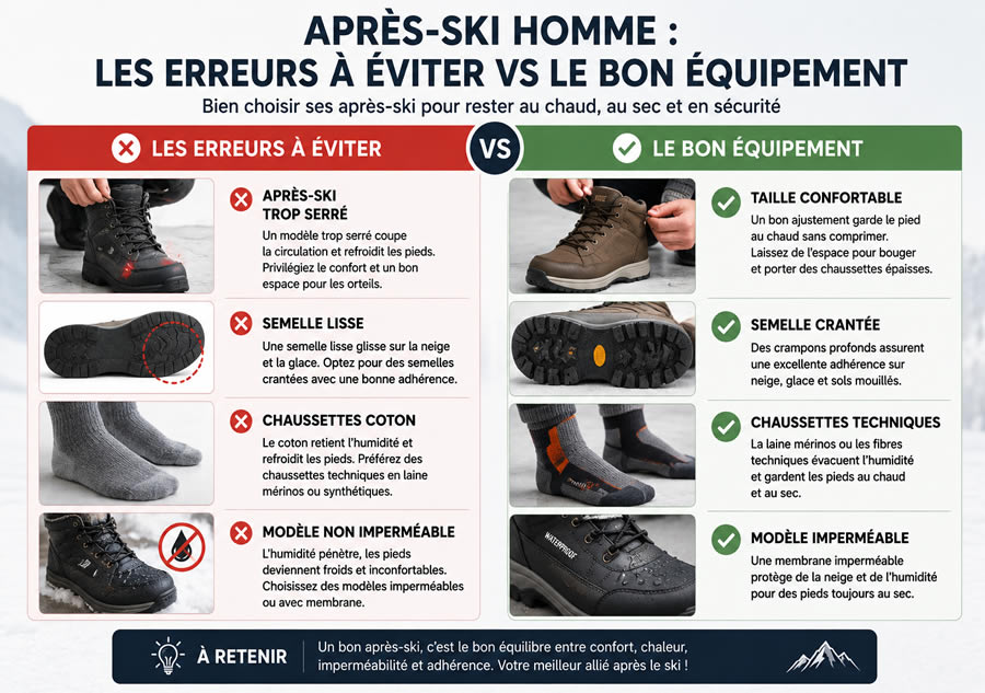 Erreurs à éviter avec des après-ski homme : guide pour rester au chaud et en sécurité les erreurs à éviter avec des après-ski homme : chaussures trop serrées, semelles lisses, chaussettes en coton et modèles non imperméables face aux bonnes pratiques hivernales.