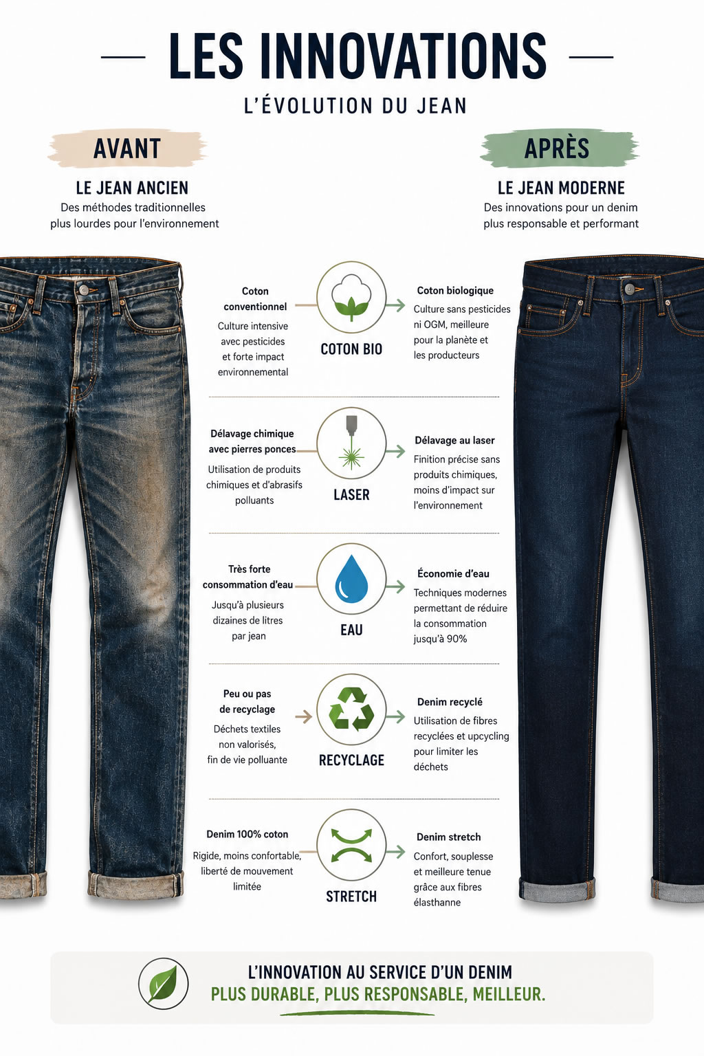 Infographie comparant un jean ancien et un jean moderne avec les principales innovations du denim : coton biologique, délavage laser, réduction de la consommation d'eau, recyclage des fibres et tissu stretch.