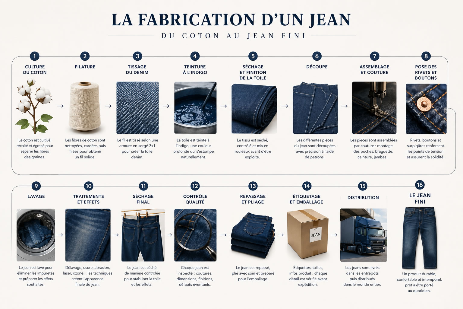 Infographie illustrant toutes les étapes de fabrication d'un jean, de la culture du coton à la filature, au tissage du denim, à la teinture à l'indigo, à la découpe, à l'assemblage, aux finitions et au jean fini.