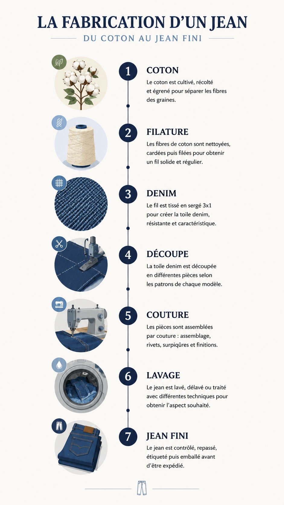Frise verticale illustrant les principales étapes de fabrication d'un jean : coton, filature, tissage du denim, découpe, couture, lavage et jean fini.