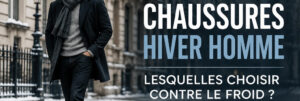 Homme en tenue d’hiver portant des boots chaudes en cuir sur une rue enneigée