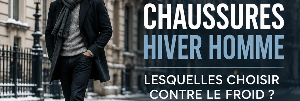 Homme en tenue d’hiver portant des boots chaudes en cuir sur une rue enneigée