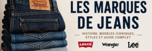 Image de couverture présentant une pile de jeans en denim sur la gauche et les principales marques de jeans sur la droite, illustrant un guide complet consacré aux marques emblématiques, aux modèles iconiques et aux différents styles de denim.