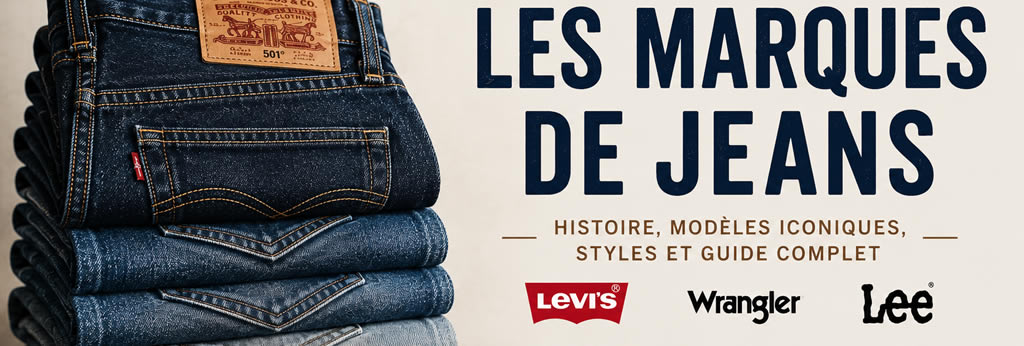 Image de couverture présentant une pile de jeans en denim sur la gauche et les principales marques de jeans sur la droite, illustrant un guide complet consacré aux marques emblématiques, aux modèles iconiques et aux différents styles de denim.