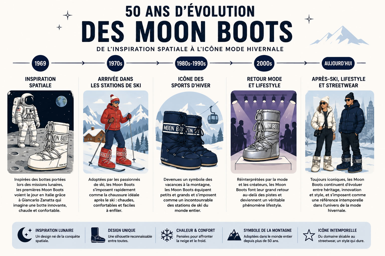 Histoire des Moon Boots : de la conquête spatiale aux stations de ski Frise chronologique illustrant l’évolution des Moon Boots depuis leur inspiration spatiale en 1969 jusqu’à leur statut d’icône de la mode hivernale, des stations de ski et du streetwear moderne.