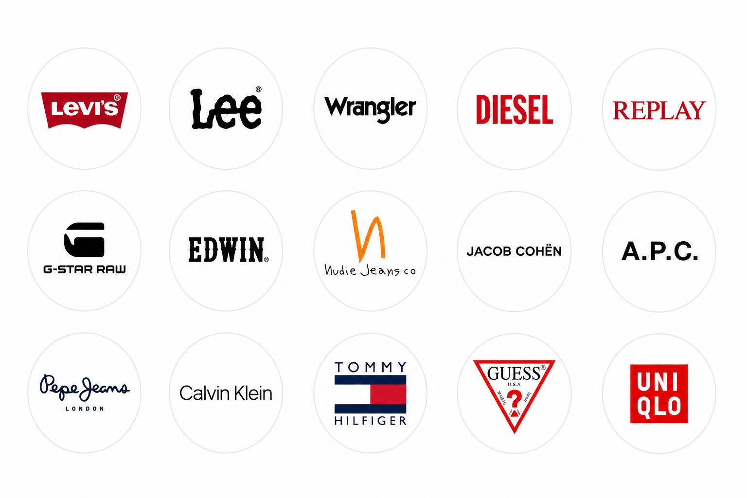 Montage de quinze logos de grandes marques de jeans présenté sur fond blanc, avec une disposition uniforme illustrant les principaux acteurs historiques et contemporains du denim.
