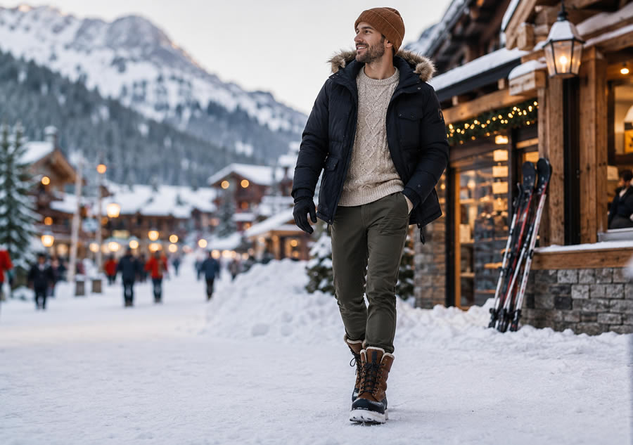 Après-ski homme dans une station de ski enneigée en hiver Homme portant des après-ski dans une station de montagne enneigée, marchant dans une rue bordée de chalets pendant l'hiver.