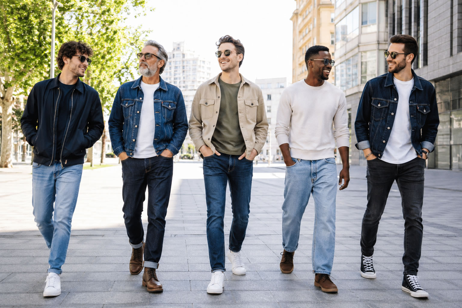 Cinq hommes de générations et de styles différents portent chacun un jean d'une grande marque dans une rue urbaine ensoleillée, illustrant la diversité des coupes et des styles du denim.