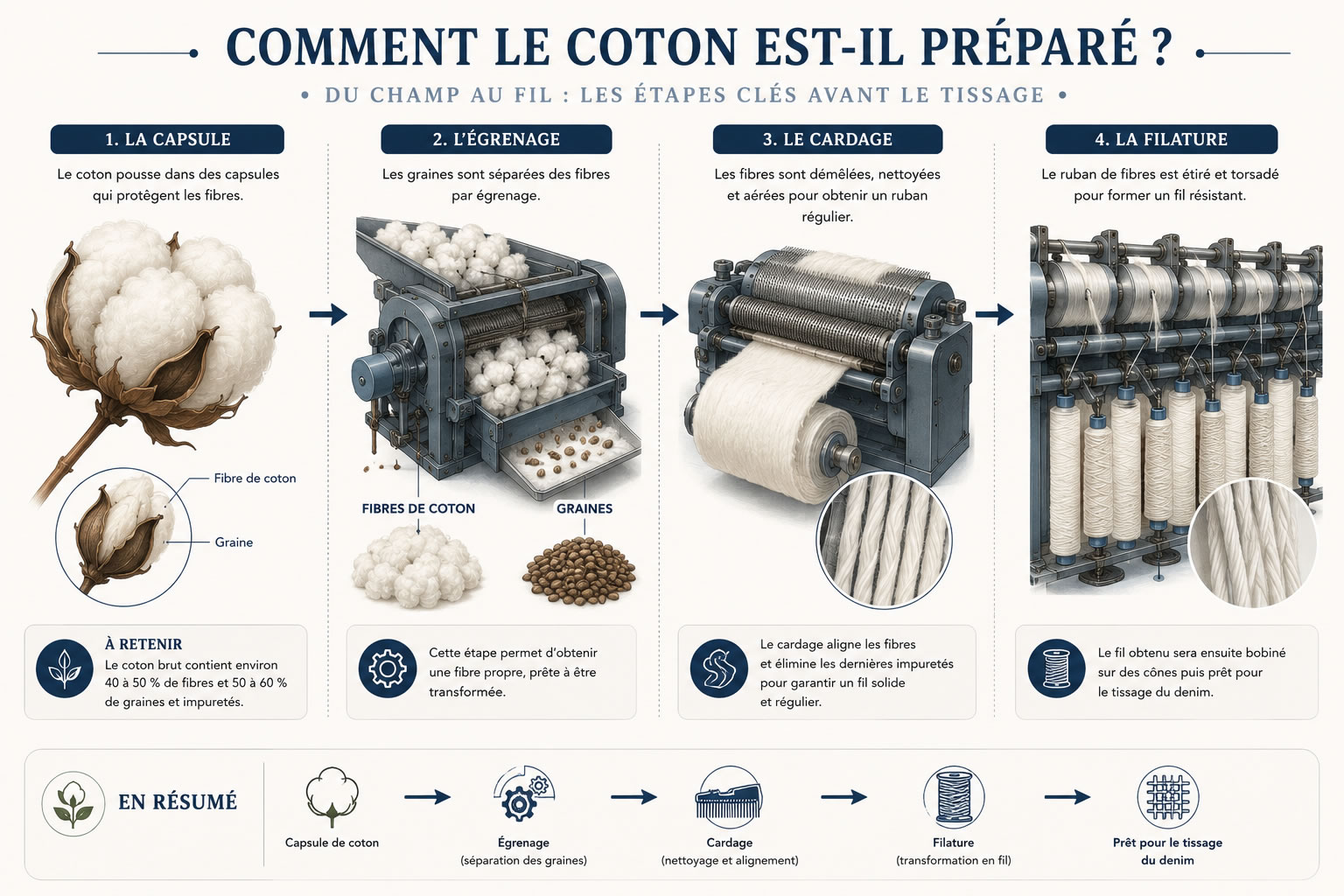 Schéma illustrant les étapes de préparation du coton avant la fabrication d'un jean : capsule de coton, égrenage, cardage et filature jusqu'à l'obtention du fil.