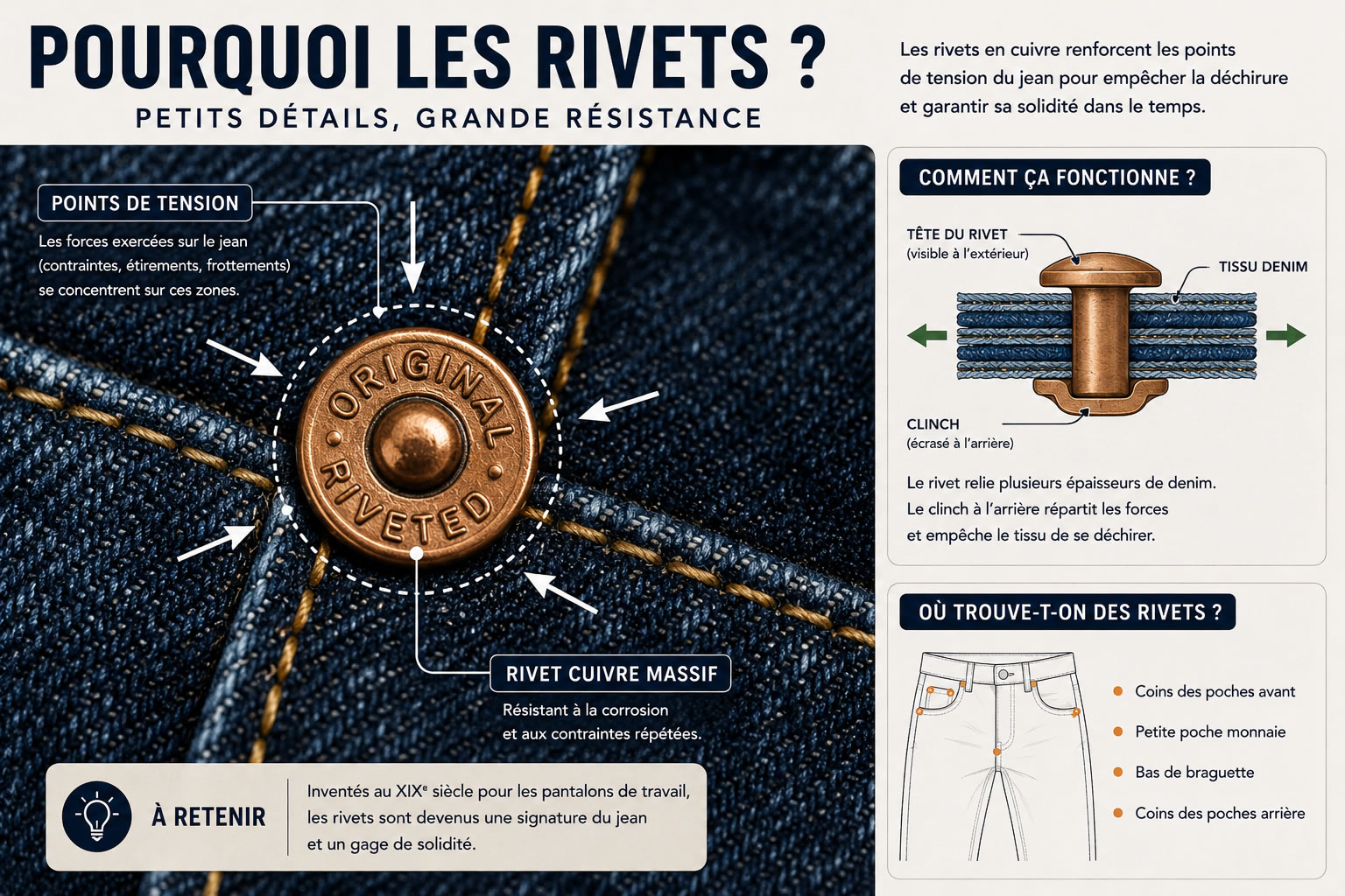Illustration technique montrant un rivet en cuivre sur un jean avec des flèches indiquant les principaux points de tension du denim et leur rôle dans le renforcement du tissu.