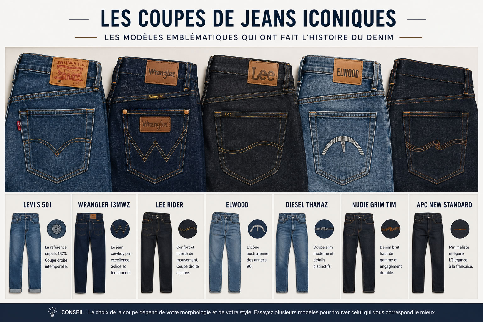 Tableau illustré présentant les principaux modèles de jeans iconiques, dont Levi's 501, Wrangler 13MWZ, Lee Rider, G-Star Elwood, Diesel, Nudie Jeans et A.P.C., avec une grande photo et plusieurs vignettes comparatives.