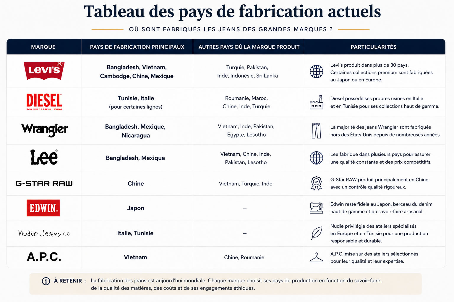 Tableau comparatif indiquant les principaux pays de fabrication actuels des jeans Levi's, Diesel, Wrangler, Lee, G-Star RAW, Edwin, Nudie Jeans et A.P.C., avec leurs spécificités de production.