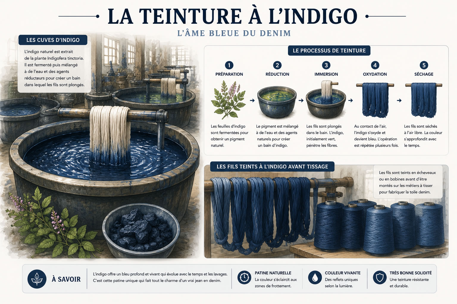 Illustration montrant les cuves de teinture à l'indigo et les fils de coton bleus avant le tissage du denim pour fabriquer un jean.