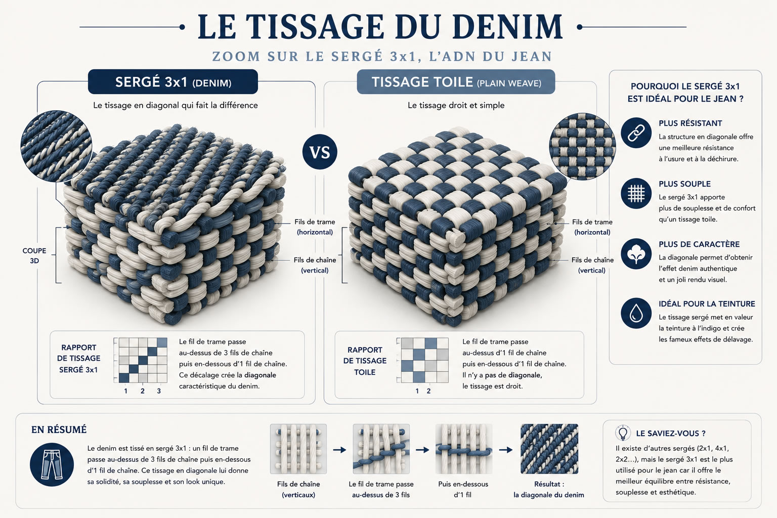 Infographie comparant le tissage sergé 3x1 utilisé pour le denim avec un tissage toile classique, illustrée par une coupe 3D montrant la structure des fils de chaîne et de trame.