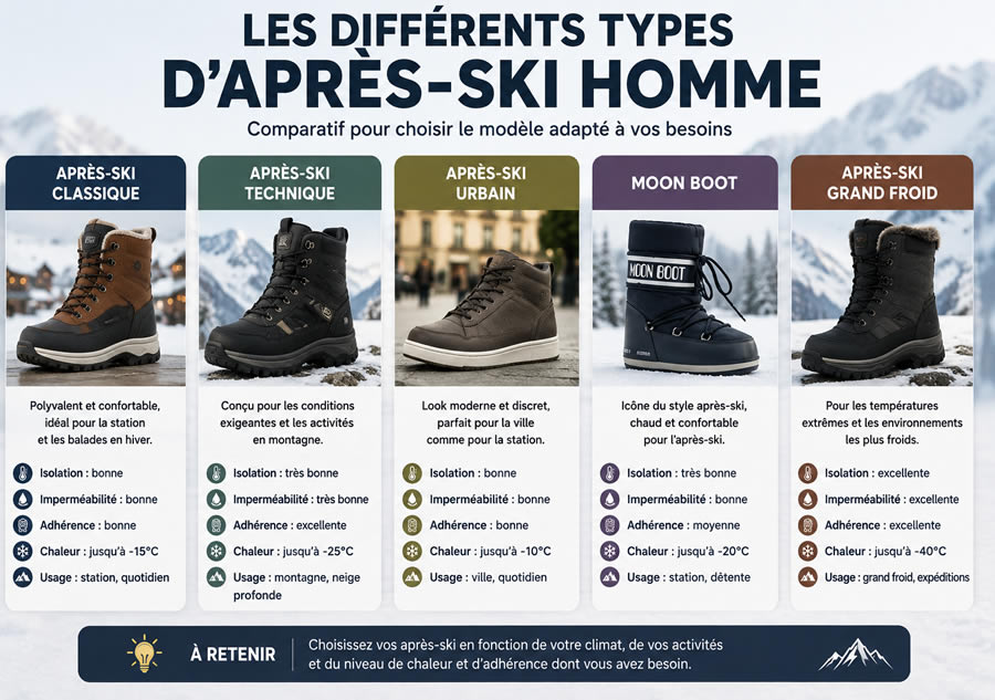 Comparatif des différents types d’après-ski homme : classique, technique, urbain, Moon Boot et grand froid types d’après-ski homme montrant un après-ski classique, un modèle technique, un après-ski urbain, une Moon Boot et une botte grand froid pour l’hiver et la neige.