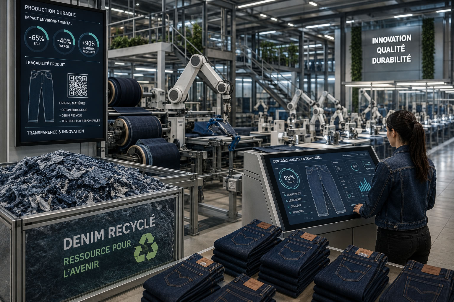 L'avenir du business des jeans : automatisation, recyclage et usine du futur Usine moderne de fabrication de jeans intégrant robots, recyclage du denim, contrôle numérique de la qualité et technologies durables pour illustrer l'avenir de l'industrie du jean.